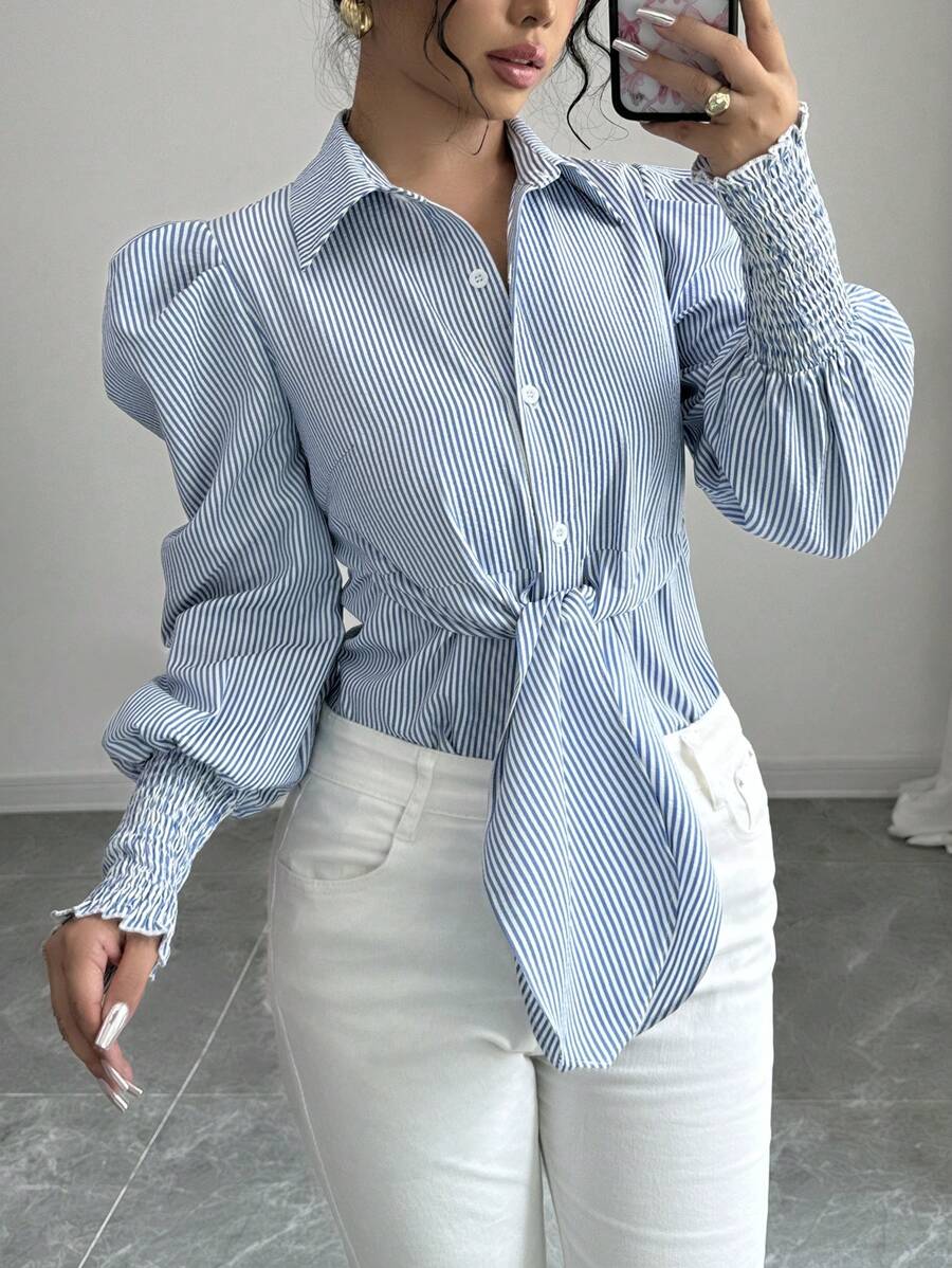 SHEIN Clasi Women's Button-Down Long Sleeve Striped Shirt With Tie Waist - Blue and White - View 1