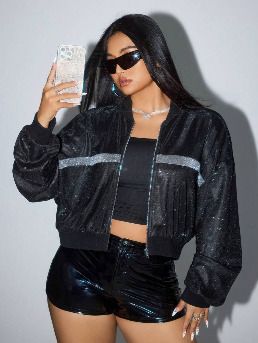 SHEIN ICON 大码亮片拼布拉链休闲夹克 - 黑色 - 查看 1