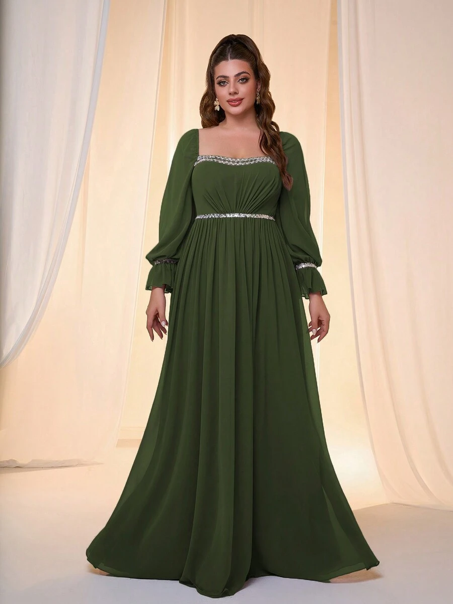 Rochie de damă de onoare cu mânecă lungă, cu mâneci bufante, cu bandă de decor cu paiete, cu gât rotund, cu talie pliată, din șifon - Verde Armată - Vizualizare 1