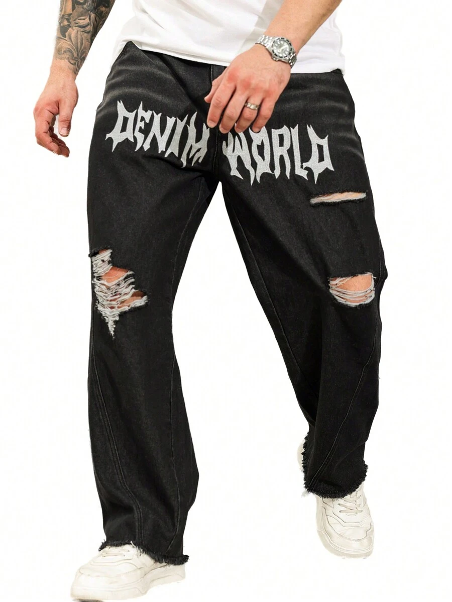 Manfinity Roughcore Lässige Jeans für Herren im Used-Look mit Buchstabenstickereien Große Größen