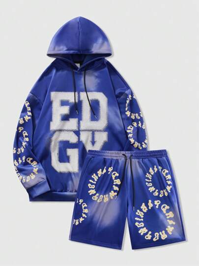 Street Life طقم كاجوال من قميص ثقيل هودي مطبوع بحرف وشورت بأربطة للرجال 2 قطعة, ربيع/خريف