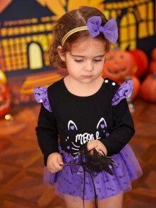 Body bébé fille mignon imprimé chat, manches longues, pour fête d'Halloween - Prune - Voir 7