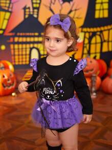 Body bébé fille mignon imprimé chat, manches longues, pour fête d'Halloween - Prune - Voir 8