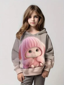 Áo nỉ trùm đầu dài tay in hình thỏ dễ thương cho bé gái, trang phục thể thao thường ngày thời trang - Hồng - Xem 1