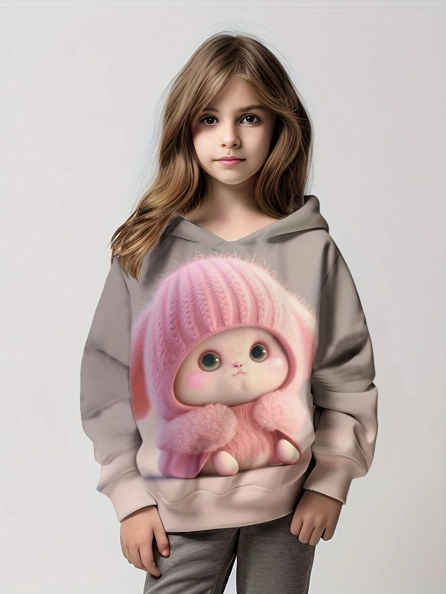 Áo nỉ trùm đầu dài tay in hình thỏ dễ thương cho bé gái, trang phục thể thao thường ngày thời trang - Hồng - Xem 1