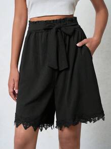 EURMUSE Women Lace Splicing Floral Hem Shorts - Black - View 5
