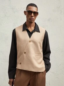 AKNOTIC Business Casual Men's Loose Fit Plaid Casual Open Front Waistcoat Vest, Apricot V-Neck, With Adjustable Waist Belt, For Fall Winter - Apricot - View 4