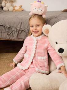3pcs Young Girl Winter Fleece Pajama Set, Long Sleeve Cardigan With Pockets & Long Sleeve Top And Pants, Mommy And Me Matching Outfits (Sold Separately)