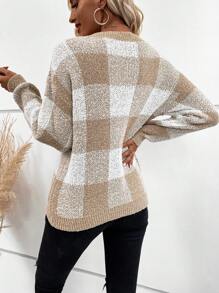 Chiquease V-Neck Long Sleeve Classic Plaid Sweater, Knit Pullover Fall Winter - Khaki - View 2