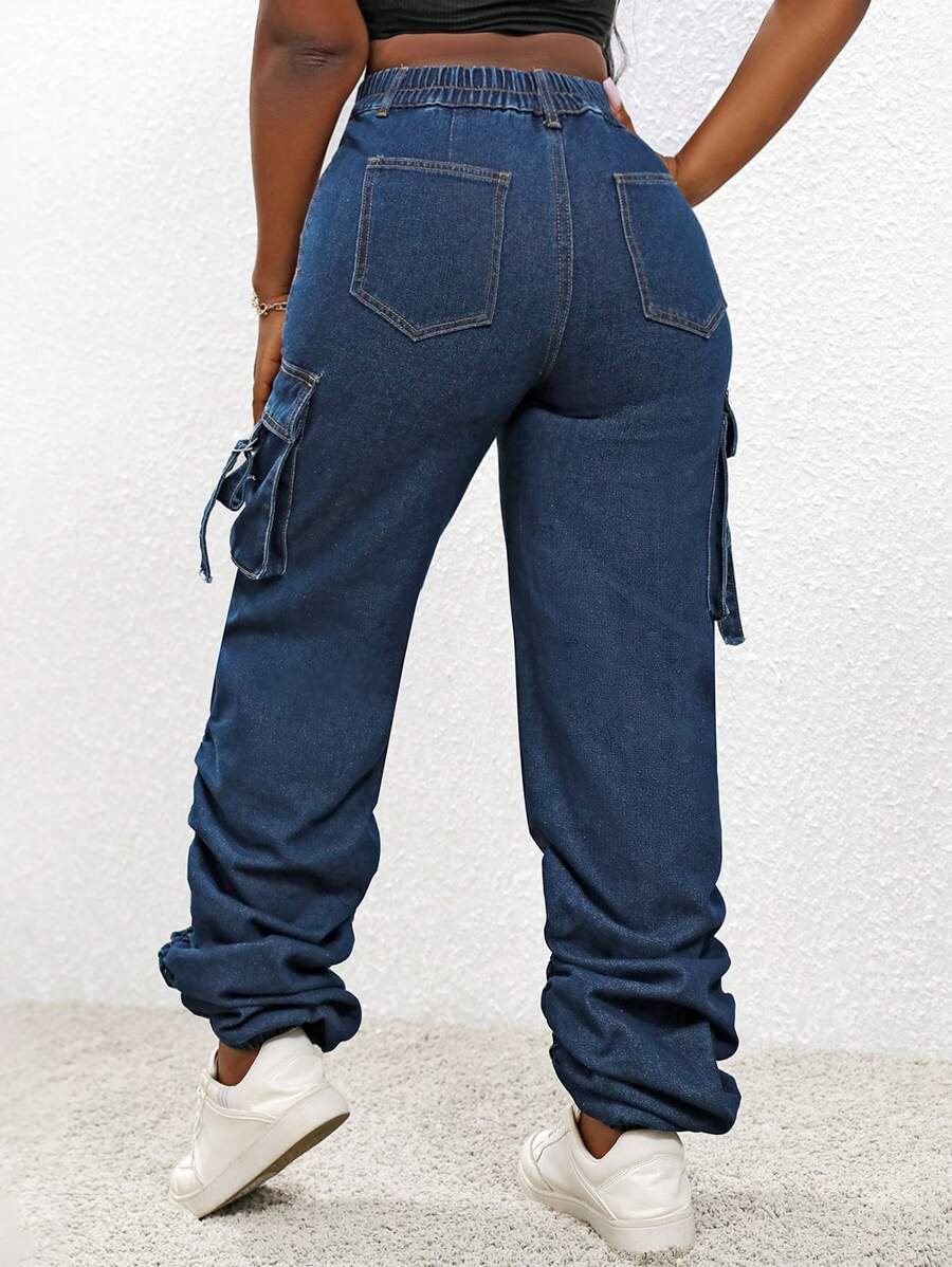SHEIN Slayr Quần Denim thông thường có túi có túi cạp cao cạp cao - Rửa tối - Xem 1
