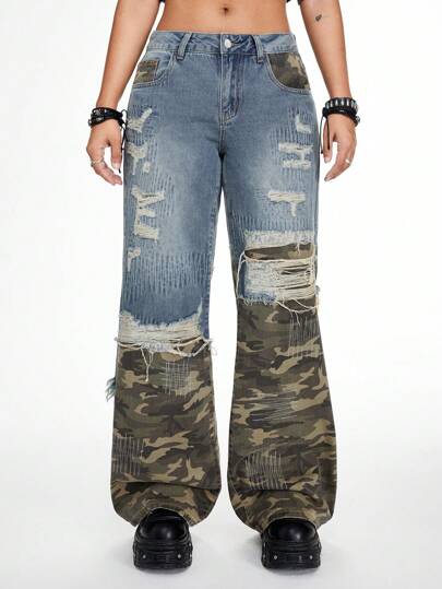 Grunge Punk Unisex Distressed Loose Fit Weites Bein Camouflage Patchwork Denim Jeans - Avantgardistischer Wasteland Street Style