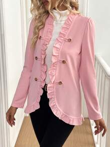 SHEIN LUNE 纯色前扣长袖荷叶边下摆休闲夹克