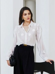 GENKIRA Vintage Pearl Floral 3D Puff Sleeve Loose French Style Long Sleeve Blouse Fall Cloth For Women - White - View 3