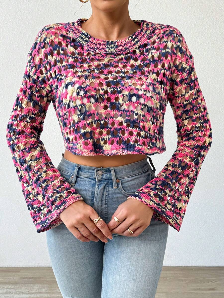 Chiquease Contrast Color Round Neck Casual Long Sleeve Sweater, Knit Pullover Fall Winter - Multicolor - View 1