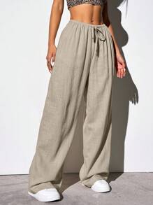 SHEIN EZwear Quần ống rộng dệt eo rút dây rộng màu kaki thường ngày cho nữ - Màu Khaki - Xem 4