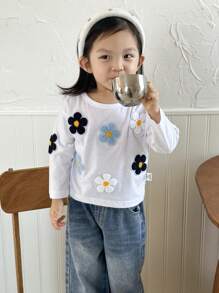 SHEIN Vêtements de mode automne/hiver pour bébé fille avec application florale 3D mignonne et brodée - Blanc - Voir 5