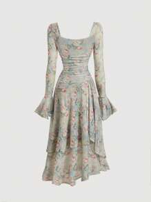 SHEINxHITOMI SHEIN MOD 女士复古印花长袖针织连衣裙，秋季连衣裙，绿色长袖连衣裙，荷叶边连衣裙，返校节连衣裙，舞会长裙，半正式连衣裙 - 橄欖綠 - 查看 2