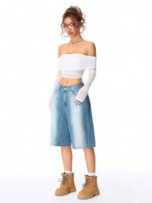 SHEIN EZwear Short de mezclilla azul claro desgastada para mujer