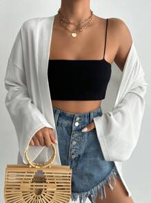 SHEIN Cottnline 女士编织纯色宽松休闲和服罩衫，适合夏季海滩度假 - 白色 - 查看 3