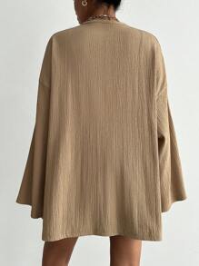 SHEIN Cottnline 女士宽松纯色长袖编织休闲和服罩衫，适合夏季海滩度假 - 米色 - 查看 2