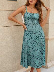 INAWLY 女式全印花前系带长款休闲吊带裙，夏季