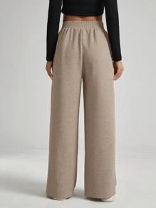 SHEIN Essnce 女士纯色不对称腰带休闲阔腿裤 - 摩卡棕 - 查看 2