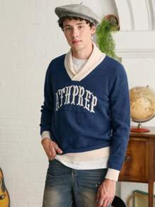 Manfinity VCAY Men V-Neck Letter Printed Long Sleeve Pullover Sweater