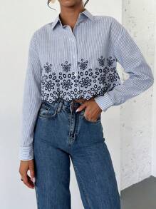 Firerie Women's Simple Casual Elegant Vacation Commuting Romantic Floral Embroidered Button Down Loose Striped Long Sleeve Shirt, Blouse