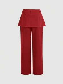 SHEIN MOD Women's Solid Color Patchwork A-Line Skirt 2 In 1 Straight Loose Casual Pants With Design - Red - View 2