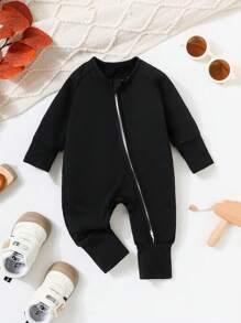 Baby Boy Solid Black Full Zip Long Sleeve & Leg Jumpsuit - Black - View 1
