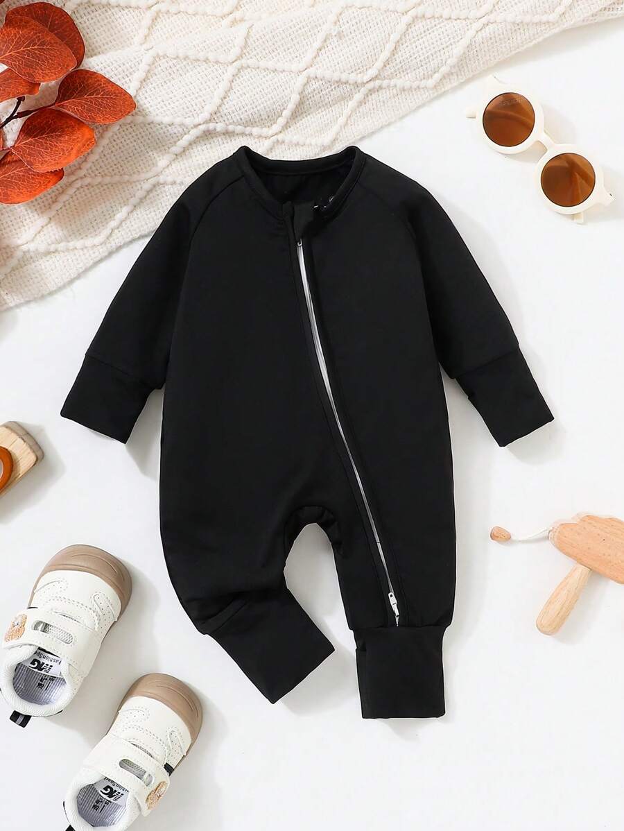 Baby Boy Solid Black Full Zip Long Sleeve & Leg Jumpsuit - Black - View 1