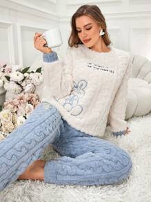 Rabbit Embroidered Women's Fleece Crew Neck Long Sleeve Top And Pants Pajama Set