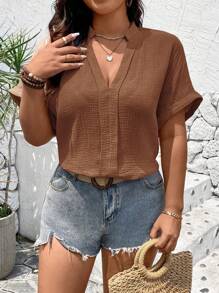 SHEIN LUNE Plus Size Solid V-Neck Casual Short Sleeve Shirt, Summer - Rust Brown - View 3