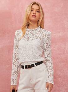 Enchnt Ensemble chemise à col montant transparent et débardeur pour femmes - Beige - Voir 6