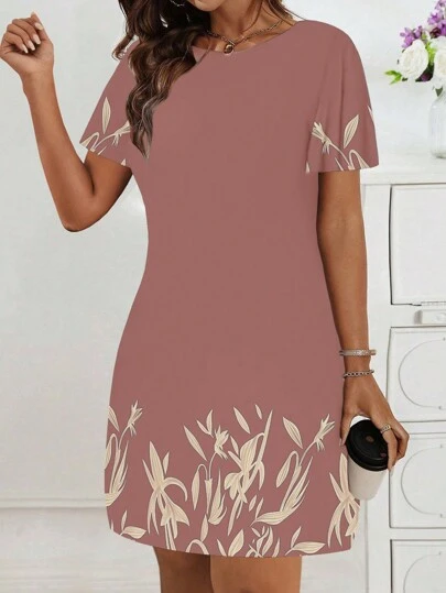 EMERY ROSE 女士休闲宽松圆领短袖花卉印花舒适日常连衣裙