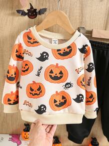 SHEIN 2 件套婴幼儿万圣节骷髅南瓜蝙蝠印花连帽衫运动衫和裤子套装，杏色和橙色 - 彩色 - 查看 7