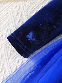 Baby Girl Ruffle Trim Bow Tie Mesh Casual Outdoor Long Sleeve Dress, Spring Autumn - Blue - View 7