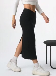 SHEIN EZwear Saia suéter feminina casual de malha preta com bainha dividida - Preto - Ver 3