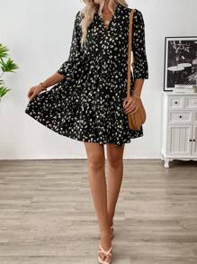 SHEIN LUNE Women Random Print Short Sleeve Dress - Black - View 6