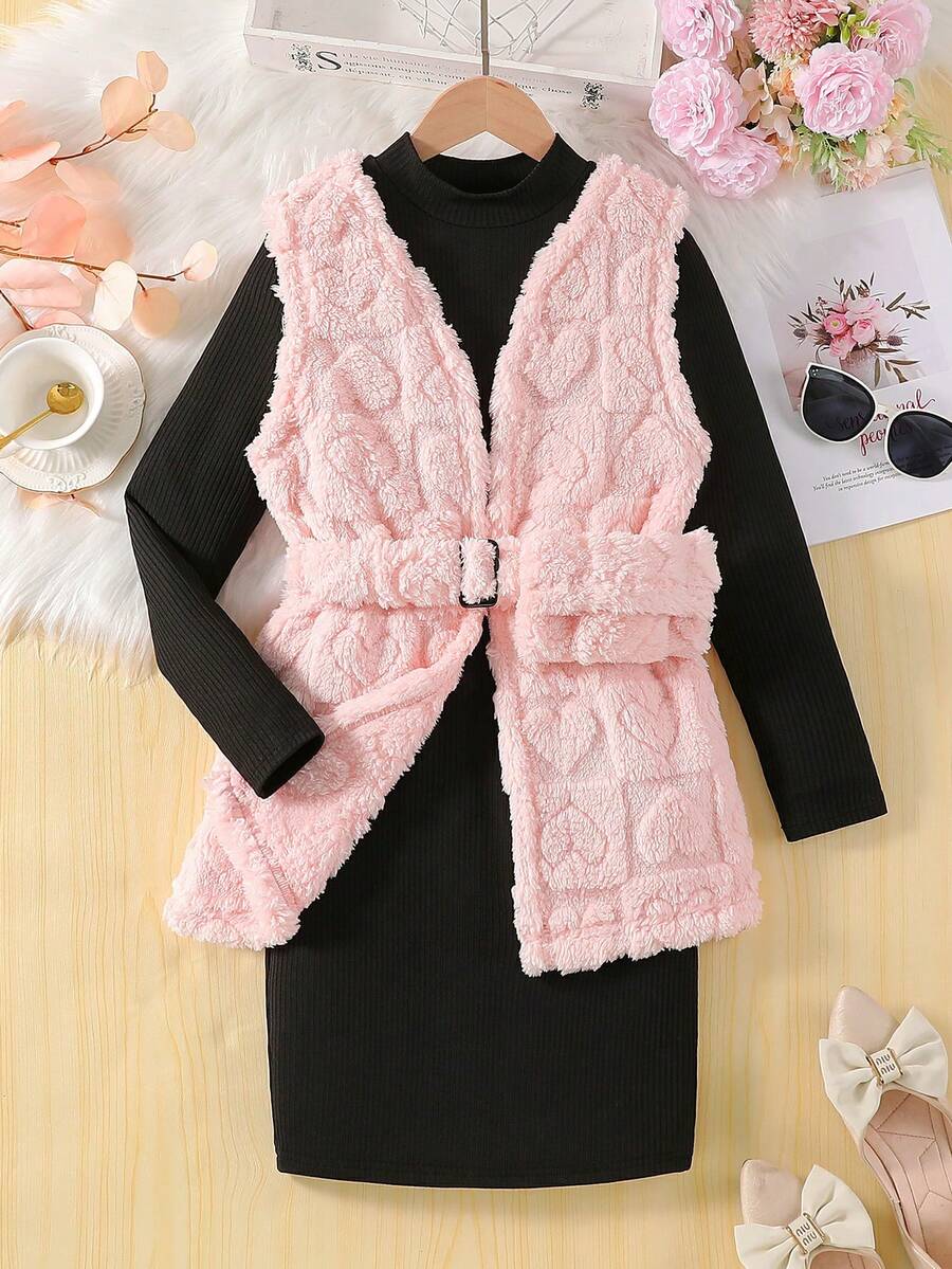 少女 2 件套：长袖纯色连衣裙和无袖背心，粉色 - 彩色 - 查看 1