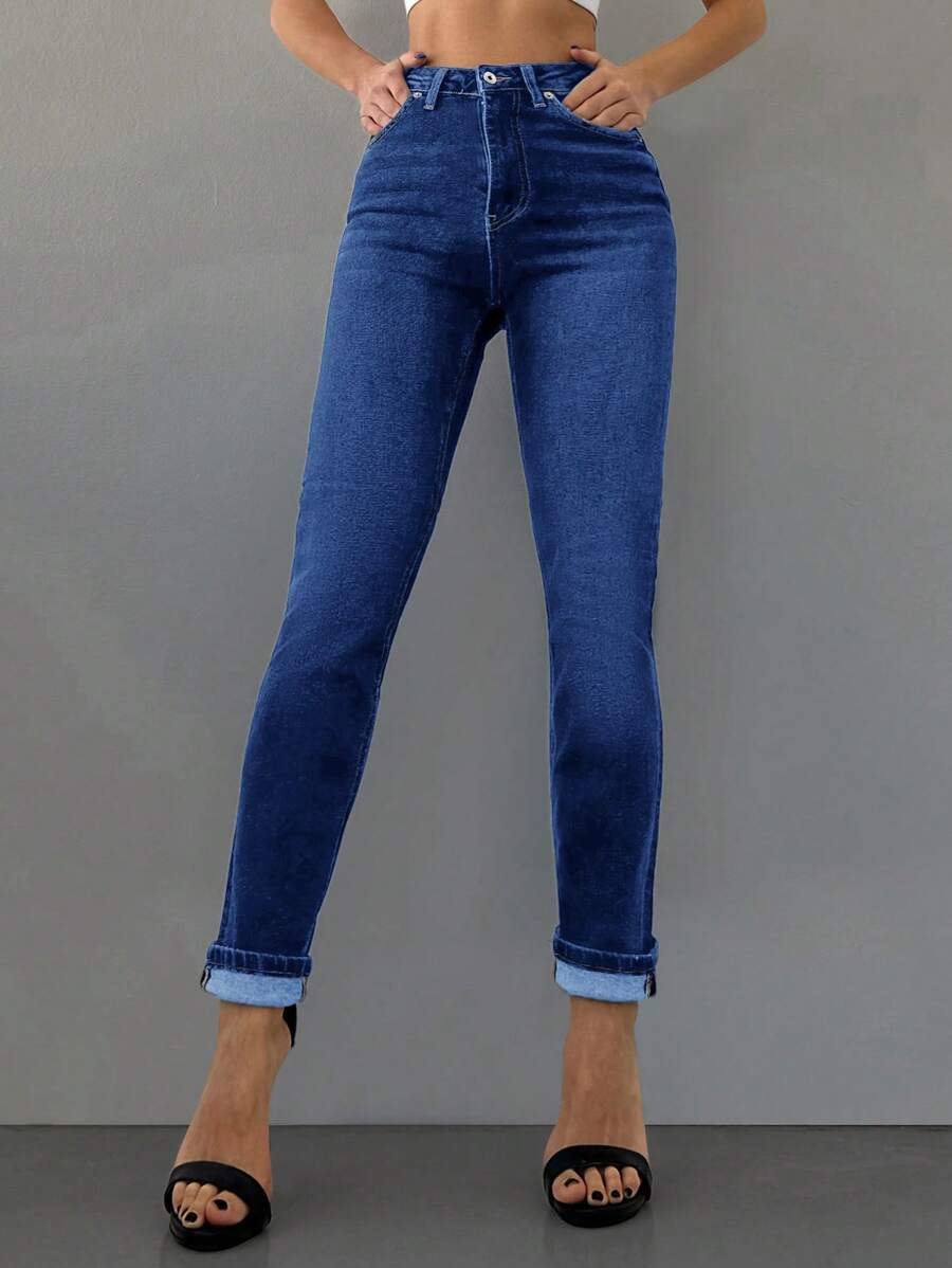 RueChic Solid Zipper Fly Skinny Jeans - Dark Wash - View 1