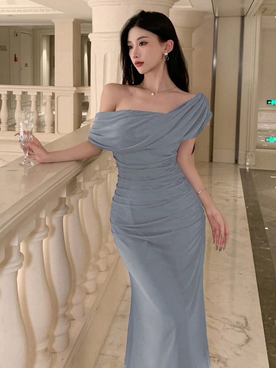 DAZY Đầm ngắn tay cổ lệch màu trơn cho nữ, thích hợp dự tiệc sinh nhật, dạ hội, tiệc năm mới, đầm maxi thanh lịch, đầm cưới. - Màu xanh nhạt - Xem 1