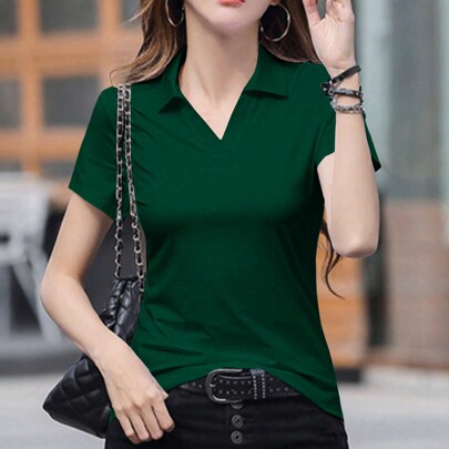 여성용 솔리드 컬러 칼라 반팔 캐주얼 티셔츠, 여름용