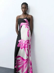 Maija Women Spaghetti Strap Backless Floral Print Color Block Fitted Slit Dress Floral Dress - Multicolor - View 5