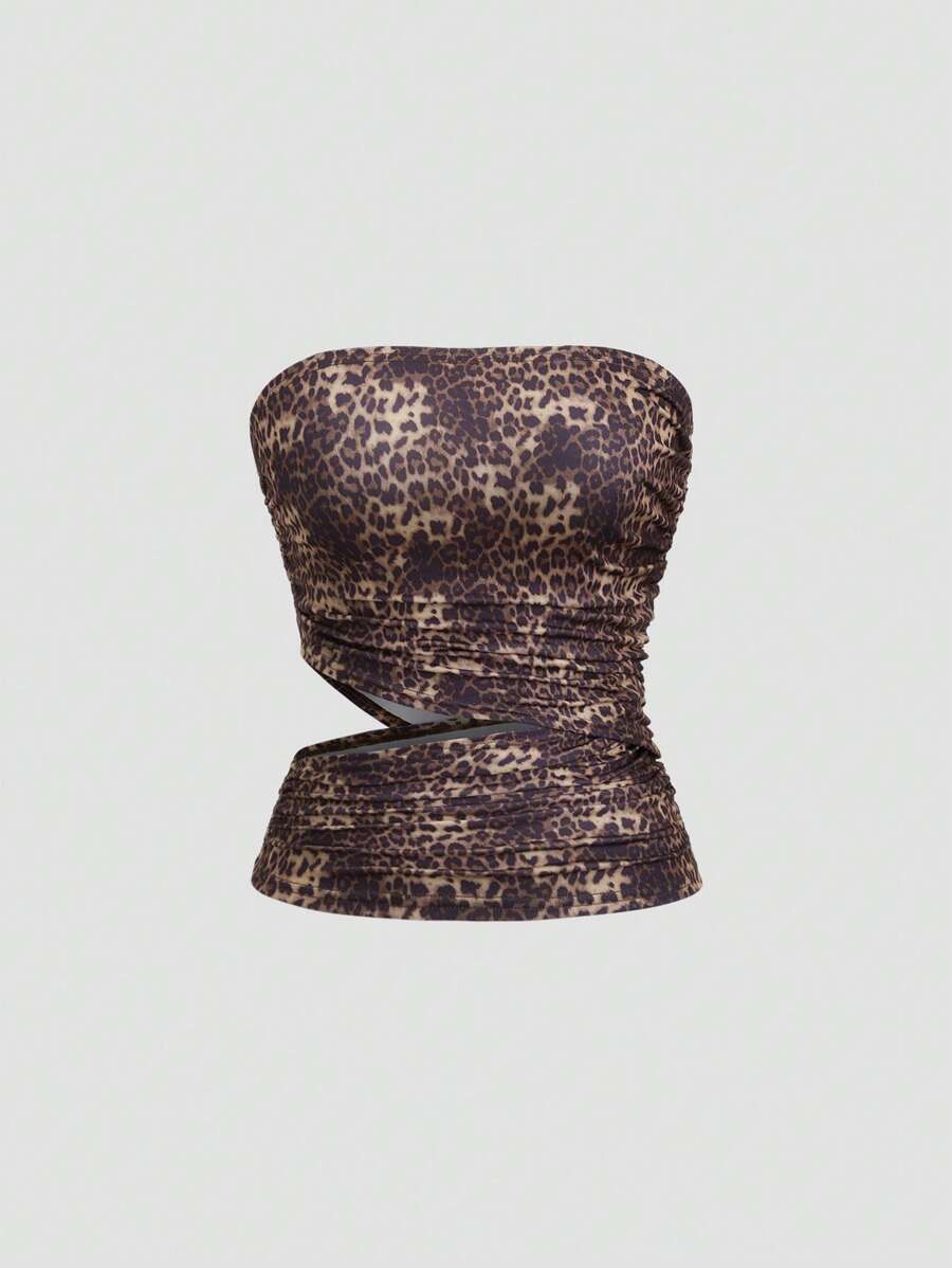 SHEIN Unity Women's Leopard Print Ruched Hollow-Out Sexy Sleeveless Crop Top - Multicolor - View 1