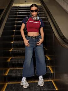 Quần ống rộng cạp trễ Y2K Edgy & Avant-Garde cho bé gái tuổi teen, Món đồ thời trang hợp thời trang phải có cho bé gái tuổi teen, Quần denim ống rộng cạp trễ giặt rộng thùng thình, phong cách đường phố Mỹ, phù hợp với mọi mùa, phong cách thường ngày - Rửa trung bình - Xem 3