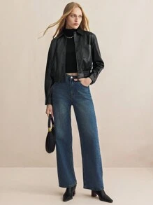 BizChic Black PU Elastic Hem Fitted Long Sleeve Jacket - Black - View 9