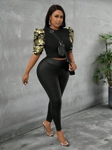 Slaydiva 大码女式羊腿袖迷彩拼布休闲 T 恤 - 彩色 - 查看 6