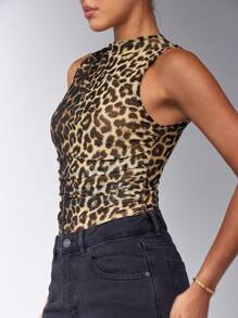 SHEIN BAE Women's Summer Leopard Print Pleated Fitted Bodysuit - Brown - View 6