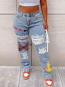 Women's Butterfly Slogan Print Distressed Straight-Leg Jeans Casual Spring - Light Wash - View 1
